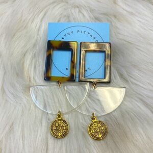 Betsy Pittard earrings Tortouise and clear plastic with a charm - New with tags!